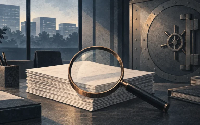 Illustrazione concettuale della vigilanza bancaria con documenti, lente di ingrandimento e caveau
