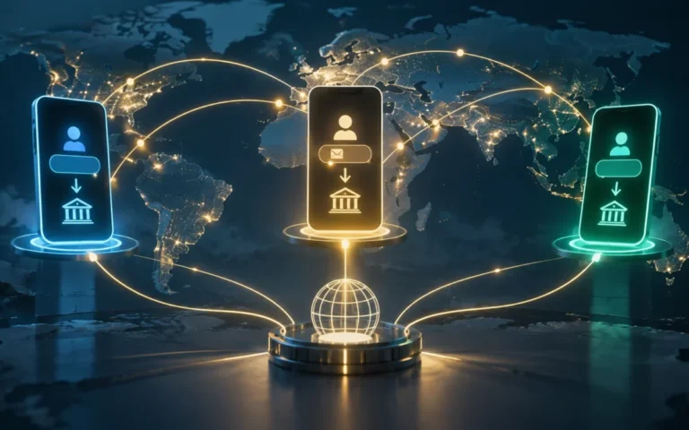 Illustrazione di tre telefoni collegati su una mappa mondiale per rappresentare un progetto di pagamenti internazionali