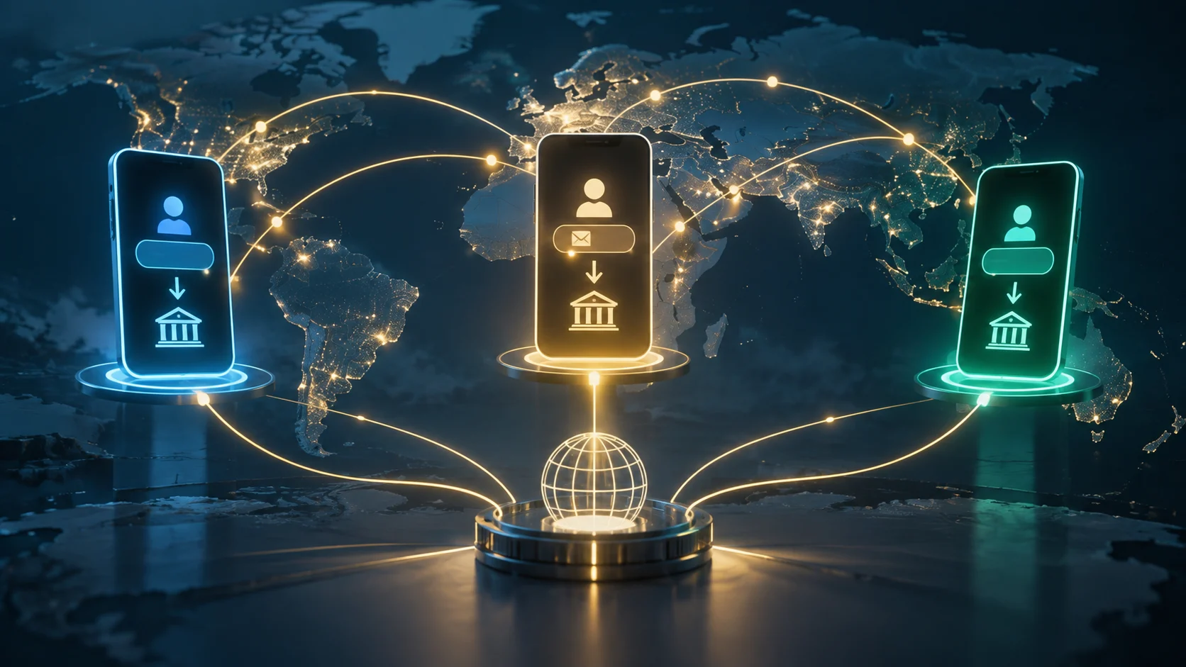 Illustrazione di tre telefoni collegati su una mappa mondiale per rappresentare un progetto di pagamenti internazionali