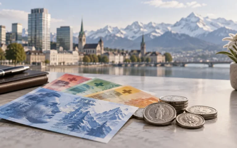 Banconote e monete svizzere con paesaggio alpino sullo sfondo, immagine illustrativa del franco