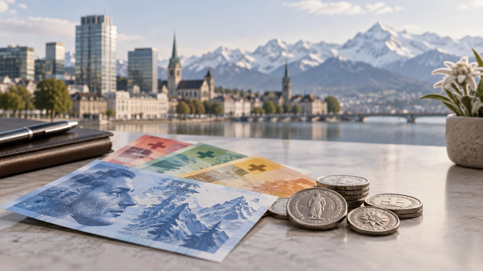 Banconote e monete svizzere con paesaggio alpino sullo sfondo, immagine illustrativa del franco