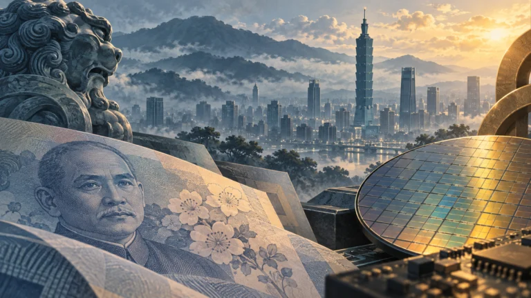 Illustrazione di Taipei con motivi valutari e un wafer di semiconduttori