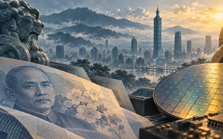 Illustrazione di Taipei con motivi valutari e un wafer di semiconduttori