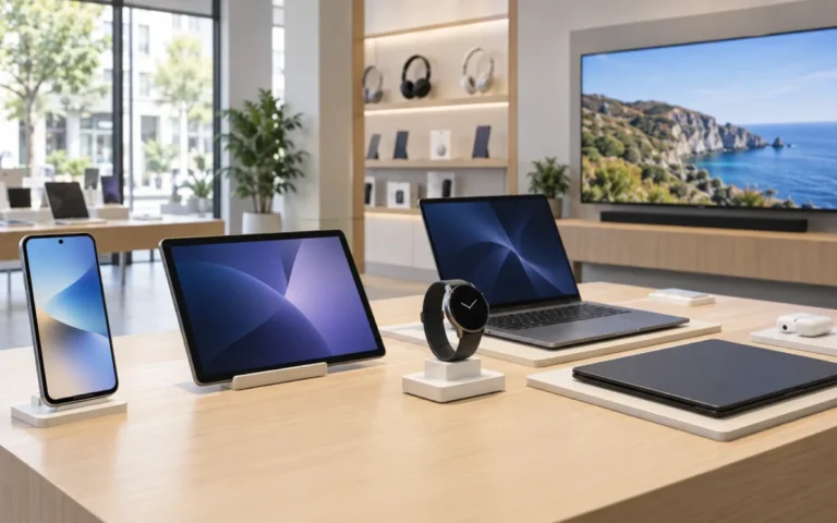 Esposizione di smartphone, tablet, smartwatch, computer e televisore in un negozio di elettronica
