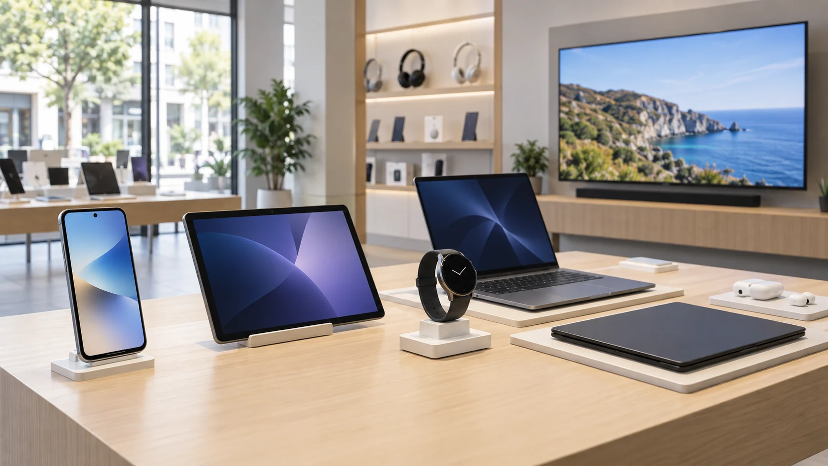 Esposizione di smartphone, tablet, smartwatch, computer e televisore in un negozio di elettronica