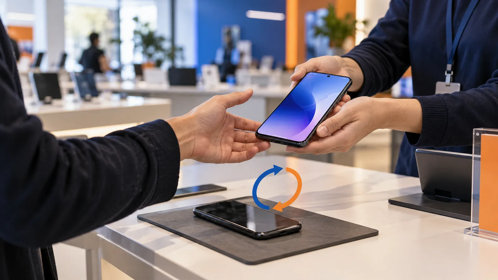 Cliente riceve un nuovo smartphone durante il rinnovo del dispositivo