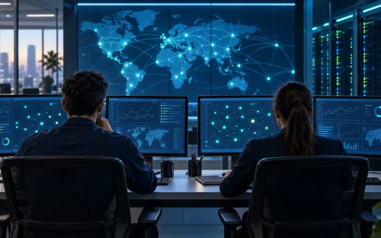 Illustrazione di tecnici in una sala operativa con monitor delle reti aziendali e rack di server