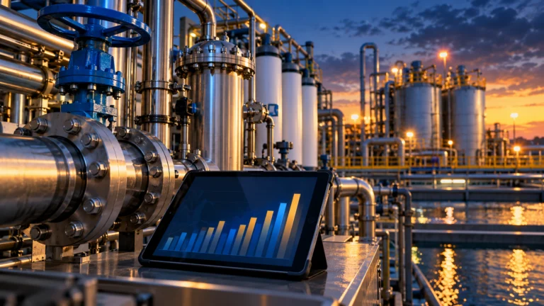 Illustrazione generata con IA di impianti industriali e un tablet con grafici astratti; non raffigura stabilimenti o risultati reali di TETRA Technologies.