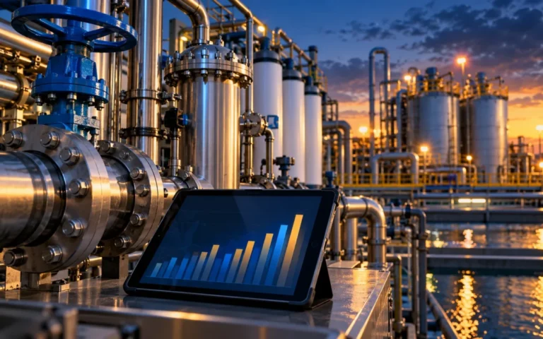 Illustrazione generata con IA di impianti industriali e un tablet con grafici astratti; non raffigura stabilimenti o risultati reali di TETRA Technologies.