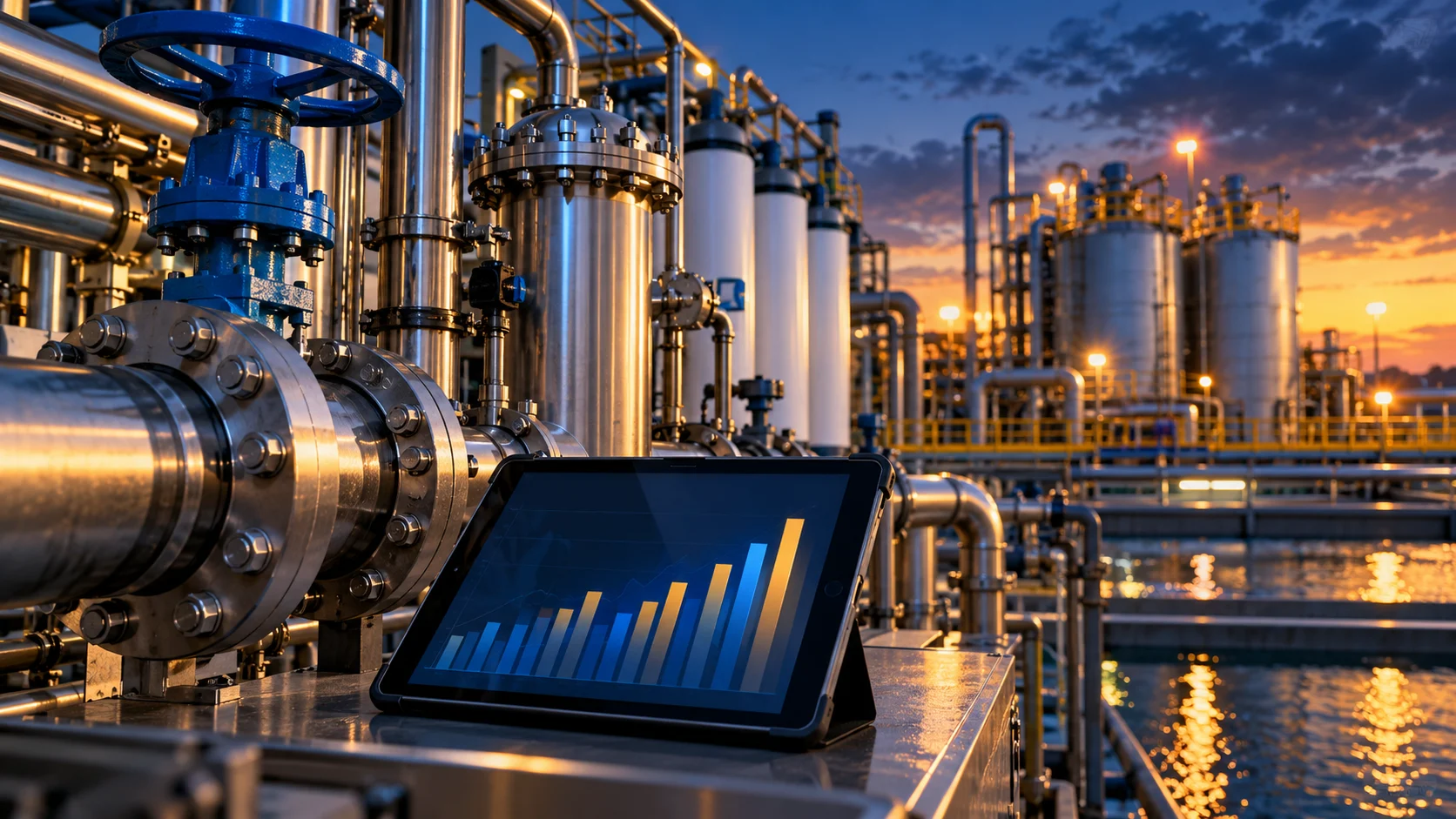 Illustrazione generata con IA di impianti industriali e un tablet con grafici astratti; non raffigura stabilimenti o risultati reali di TETRA Technologies.