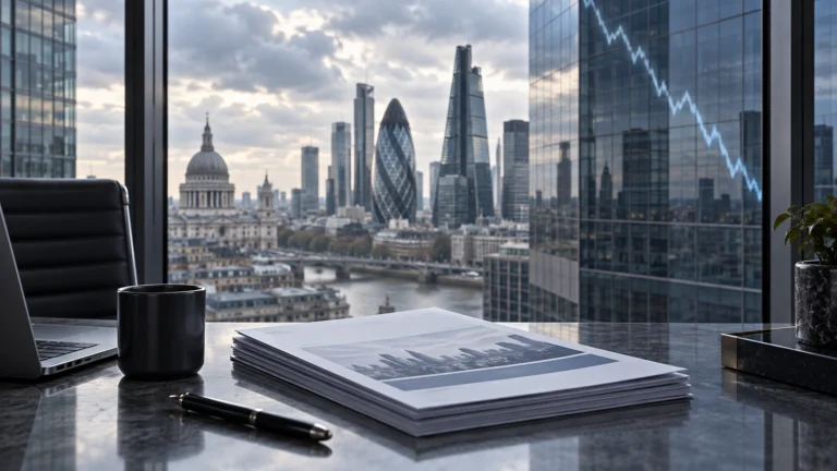 Illustrazione finanziaria con documenti e un grafico in calo davanti a edifici della City di Londra
