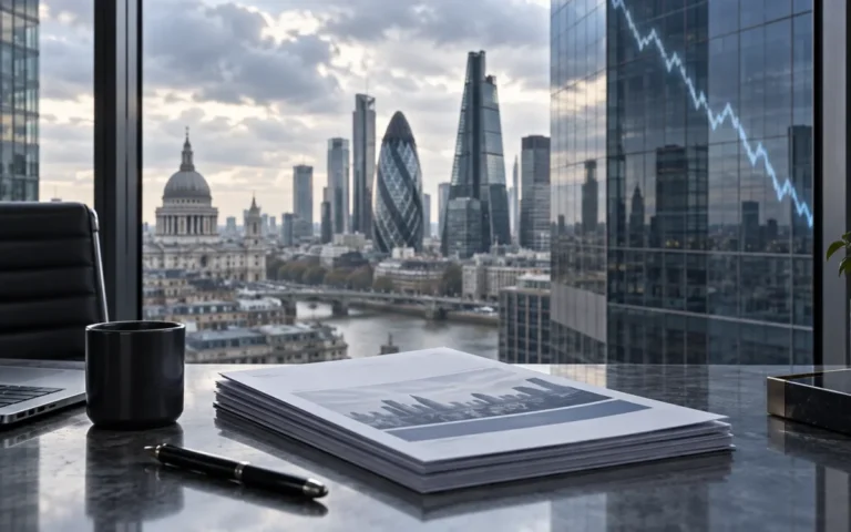 Illustrazione finanziaria con documenti e un grafico in calo davanti a edifici della City di Londra