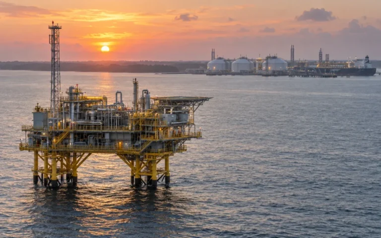 Piattaforma di produzione di gas offshore con impianto LNG sulla costa al tramonto