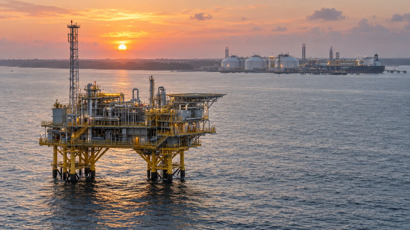 Piattaforma di produzione di gas offshore con impianto LNG sulla costa al tramonto