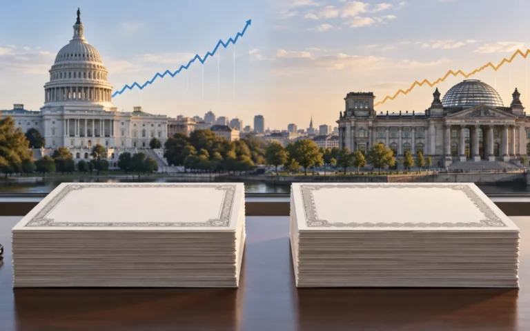 Illustrazione del Campidoglio USA e del Reichstag con titoli di Stato e linee astratte dei rendimenti in salita