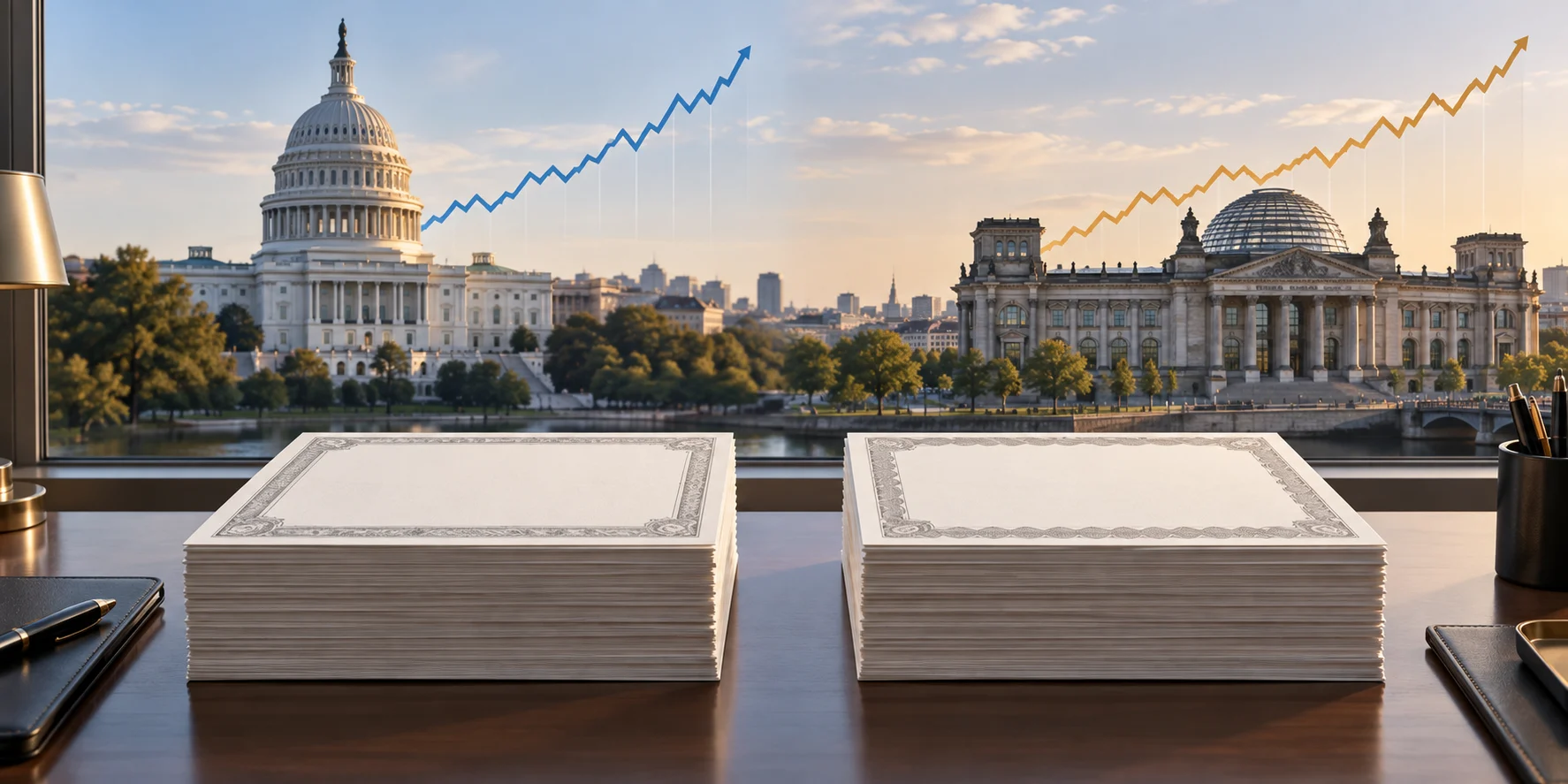 Illustrazione del Campidoglio USA e del Reichstag con titoli di Stato e linee astratte dei rendimenti in salita
