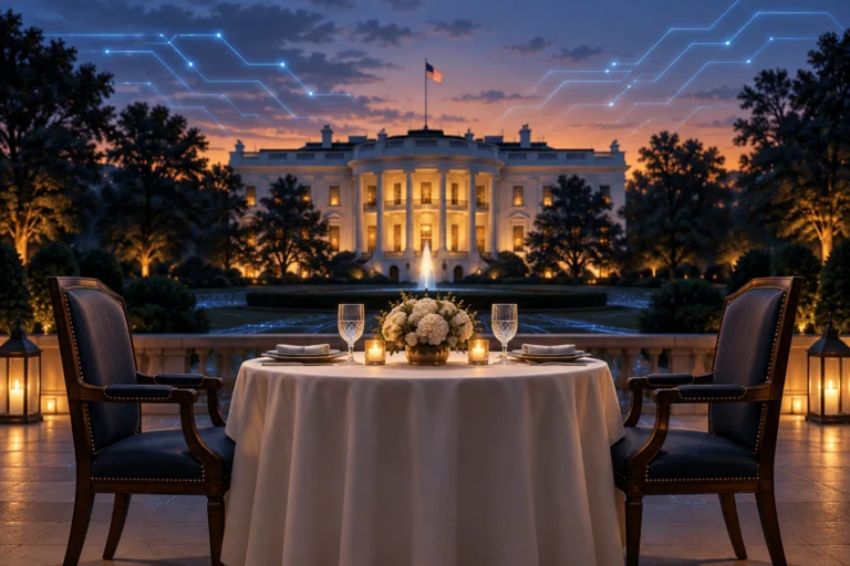 Illustrazione della Casa Bianca al tramonto con un tavolo e due sedie vuote, per l'incontro previsto tra Trump e Amodei