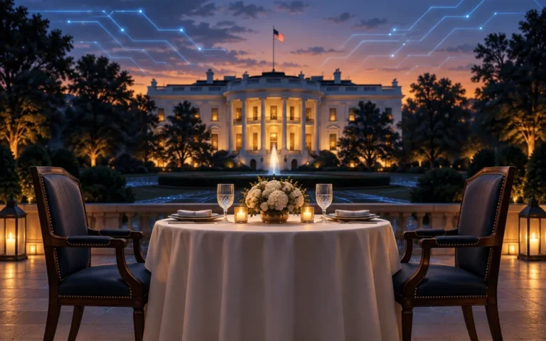 Illustrazione della Casa Bianca al tramonto con un tavolo e due sedie vuote, per l'incontro previsto tra Trump e Amodei