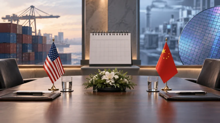 Illustrazione editoriale di una sala negoziale con bandiere di Stati Uniti e Cina, calendario senza testo e riferimenti a commercio e semiconduttori.