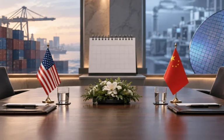 Illustrazione editoriale di una sala negoziale con bandiere di Stati Uniti e Cina, calendario senza testo e riferimenti a commercio e semiconduttori.
