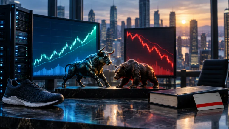 Illustrazione concettuale del premercato USA con grafici di borsa divergenti, server cloud, scarpa sportiva e libro.