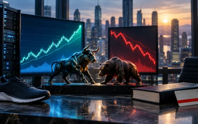 Illustrazione concettuale del premercato USA con grafici di borsa divergenti, server cloud, scarpa sportiva e libro.