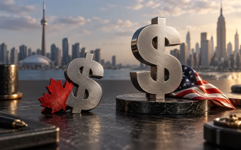 Illustrazione di simboli del dollaro con una foglia d’acero canadese e una bandiera statunitense, su uno sfondo urbano