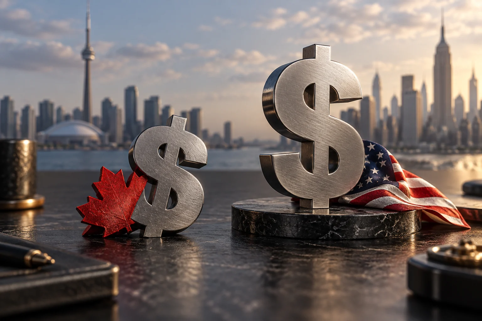 Illustrazione di simboli del dollaro con una foglia d’acero canadese e una bandiera statunitense, su uno sfondo urbano