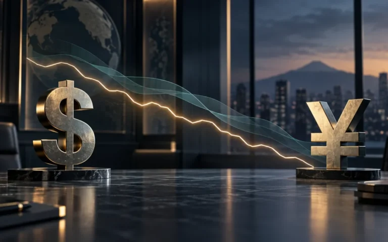 Illustrazione concettuale del dollaro e dello yen con una linea discendente, senza dati di mercato reali