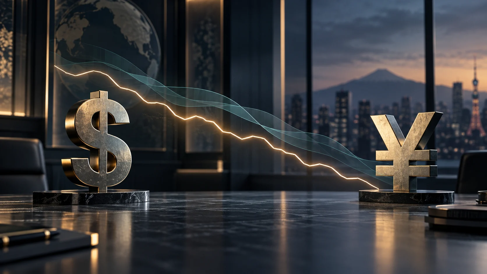 Illustrazione concettuale del dollaro e dello yen con una linea discendente, senza dati di mercato reali