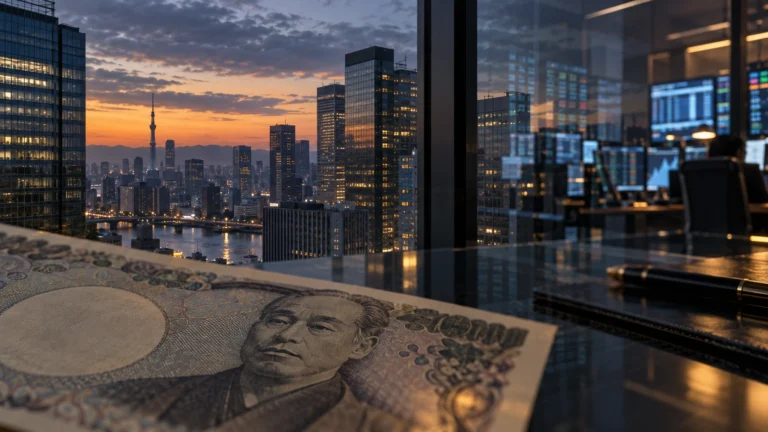Illustrazione generata con IA di Tokyo al tramonto, una banconota in yen e una sala cambi; nessuna quotazione reale raffigurata.