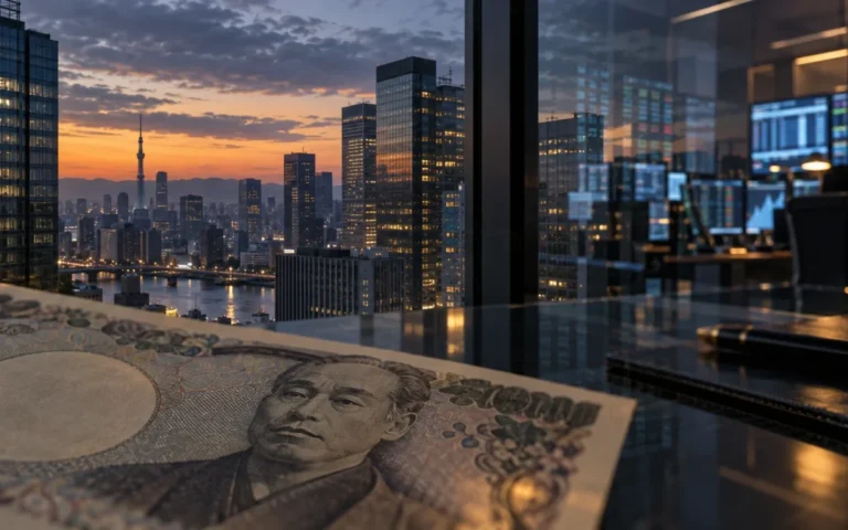 Illustrazione generata con IA di Tokyo al tramonto, una banconota in yen e una sala cambi; nessuna quotazione reale raffigurata.