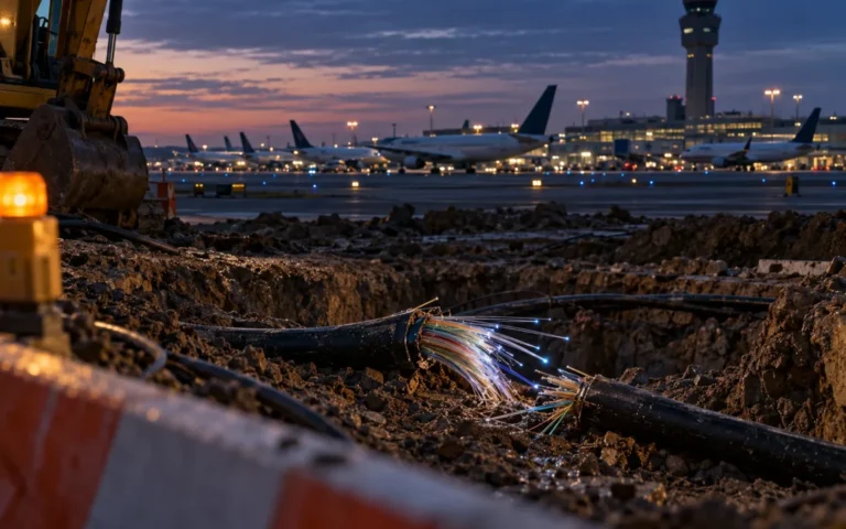 Cavo in fibra ottica tranciato in un cantiere davanti a un aeroporto con aerei fermi e torre di controllo