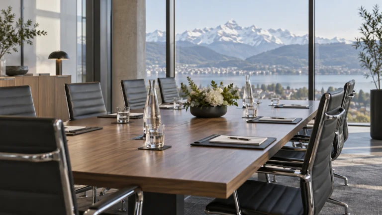 Sala riunioni aziendale con montagne svizzere sullo sfondo, immagine illustrativa della governance di V-ZUG