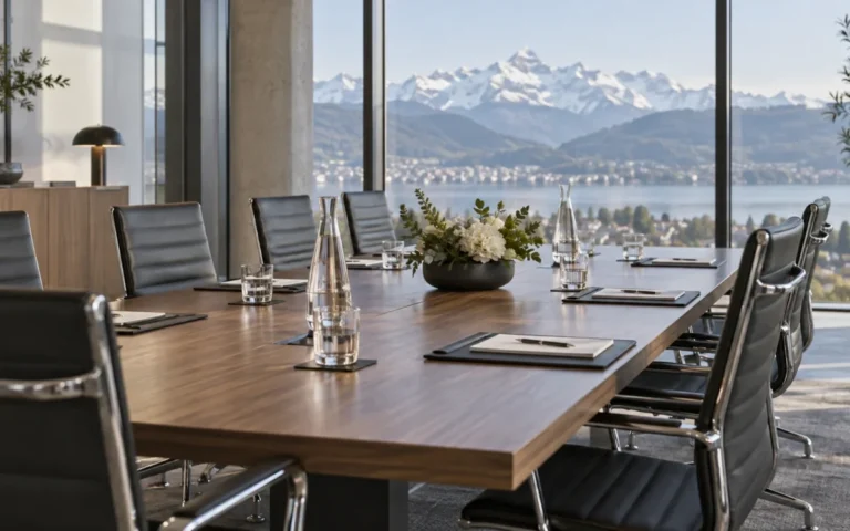 Sala riunioni aziendale con montagne svizzere sullo sfondo, immagine illustrativa della governance di V-ZUG