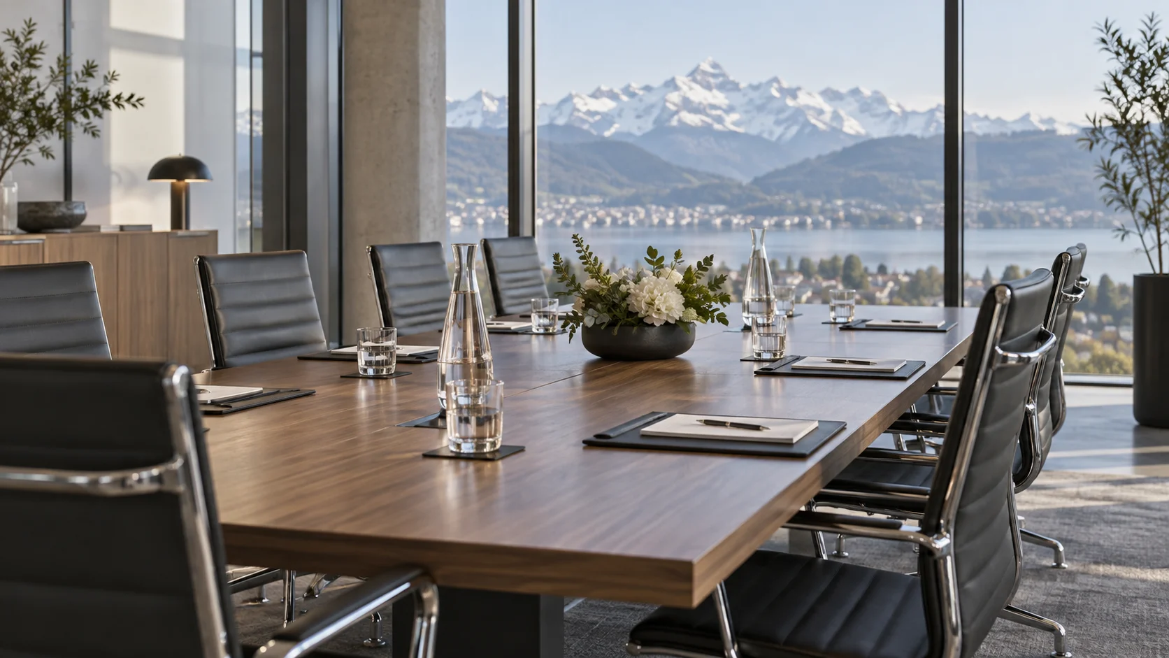 Sala riunioni aziendale con montagne svizzere sullo sfondo, immagine illustrativa della governance di V-ZUG