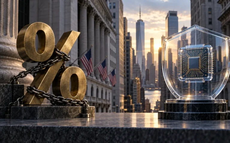 Illustrazione del distretto finanziario di New York con simbolo percentuale e chip protetto da uno scudo trasparente