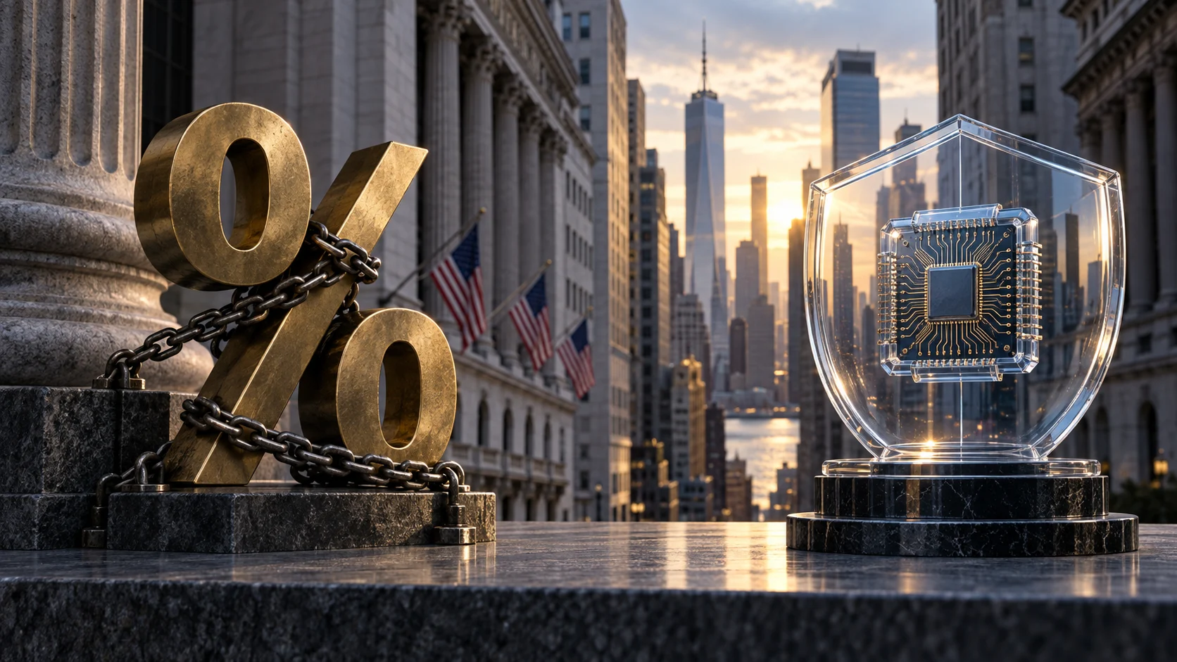 Illustrazione del distretto finanziario di New York con simbolo percentuale e chip protetto da uno scudo trasparente