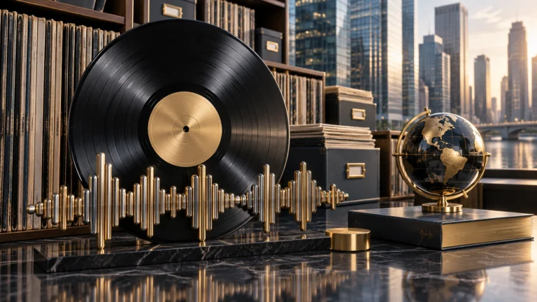 Disco in vinile e onda sonora davanti a un archivio musicale e a edifici finanziari, illustrazione del valore dei diritti musicali