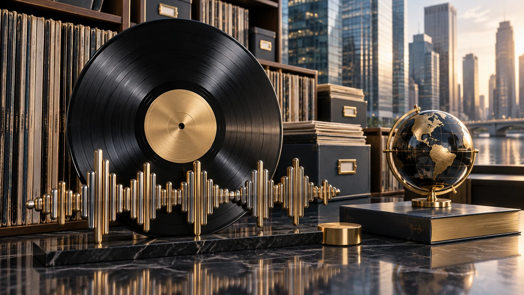 Disco in vinile e onda sonora davanti a un archivio musicale e a edifici finanziari, illustrazione del valore dei diritti musicali