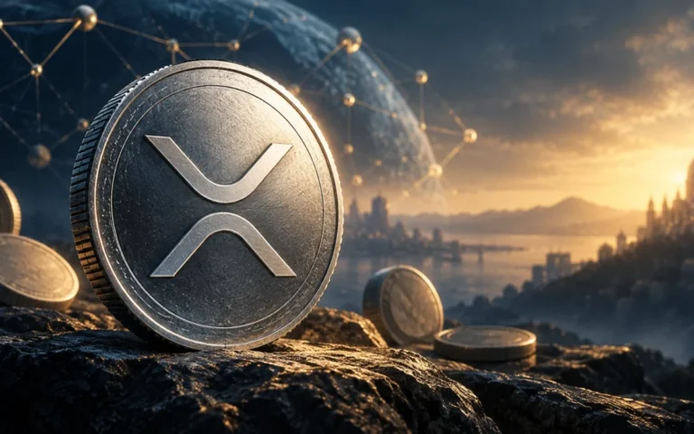 Illustrazione concettuale di XRP con monete digitali e connessioni di rete sullo sfondo