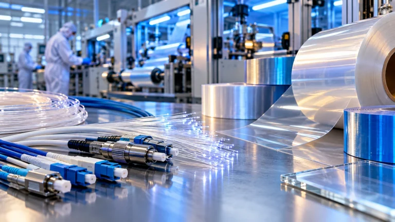 Componenti ottici e materiali industriali di precisione davanti a una linea produttiva