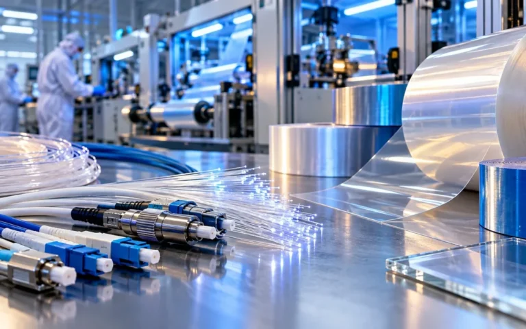 Componenti ottici e materiali industriali di precisione davanti a una linea produttiva