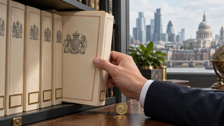 Illustrazione generata con IA: una cartella viene estratta da un archivio di documenti finanziari, con una moneta in sterline sul tavolo.