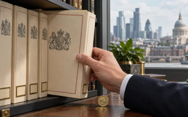 Illustrazione generata con IA: una cartella viene estratta da un archivio di documenti finanziari, con una moneta in sterline sul tavolo.