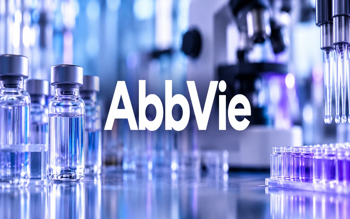 Nome AbbVie al centro di un laboratorio farmaceutico con fiale e strumenti di ricerca