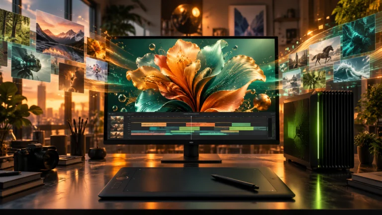 Studio creativo con tavoletta grafica, workstation e schermo con un fiore digitale e una timeline video