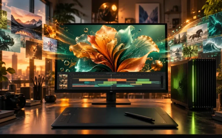 Studio creativo con tavoletta grafica, workstation e schermo con un fiore digitale e una timeline video