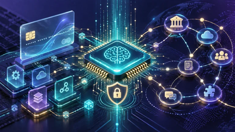Illustrazione originale di un processore IA collegato a pagamenti digitali, software e servizi finanziari