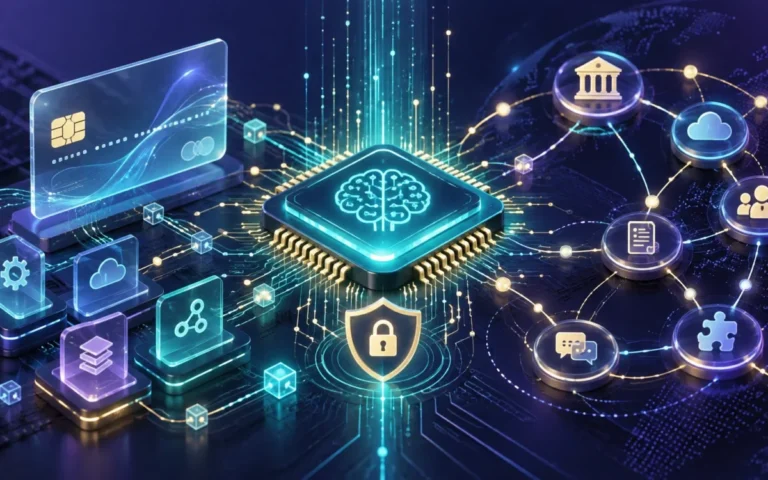 Illustrazione originale di un processore IA collegato a pagamenti digitali, software e servizi finanziari